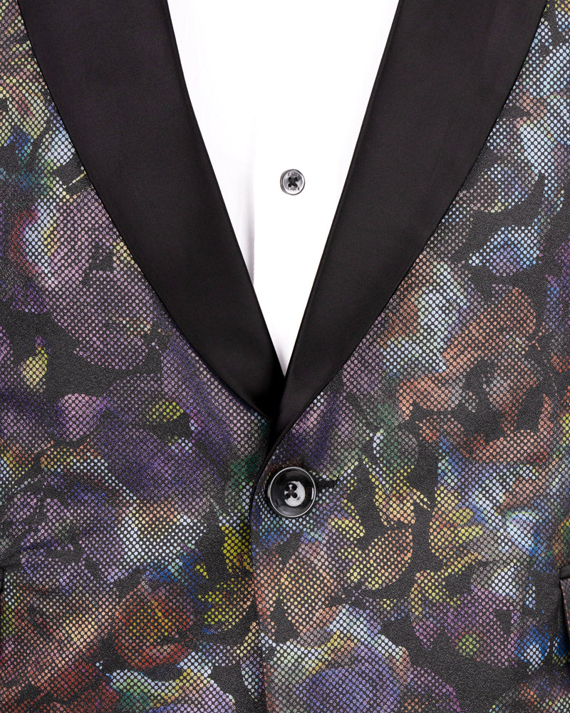 Onyx Black With Multicolour Retro Floral Designer Tuxedo Suit