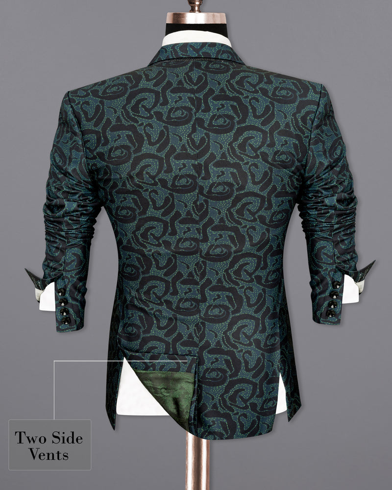Jade Black and Firefly Green Rose Patterned Designer Suit
