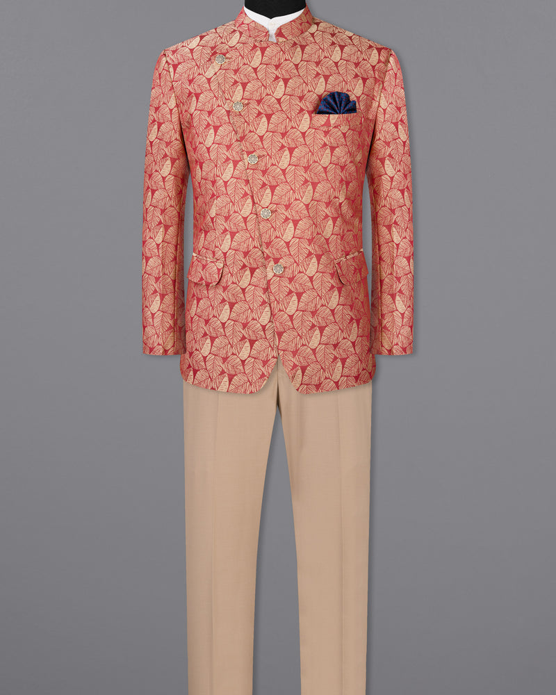 Chestnut Pink and Negroni Leaves Pattern Cross-Buttoned Bandhgala Designer Suit