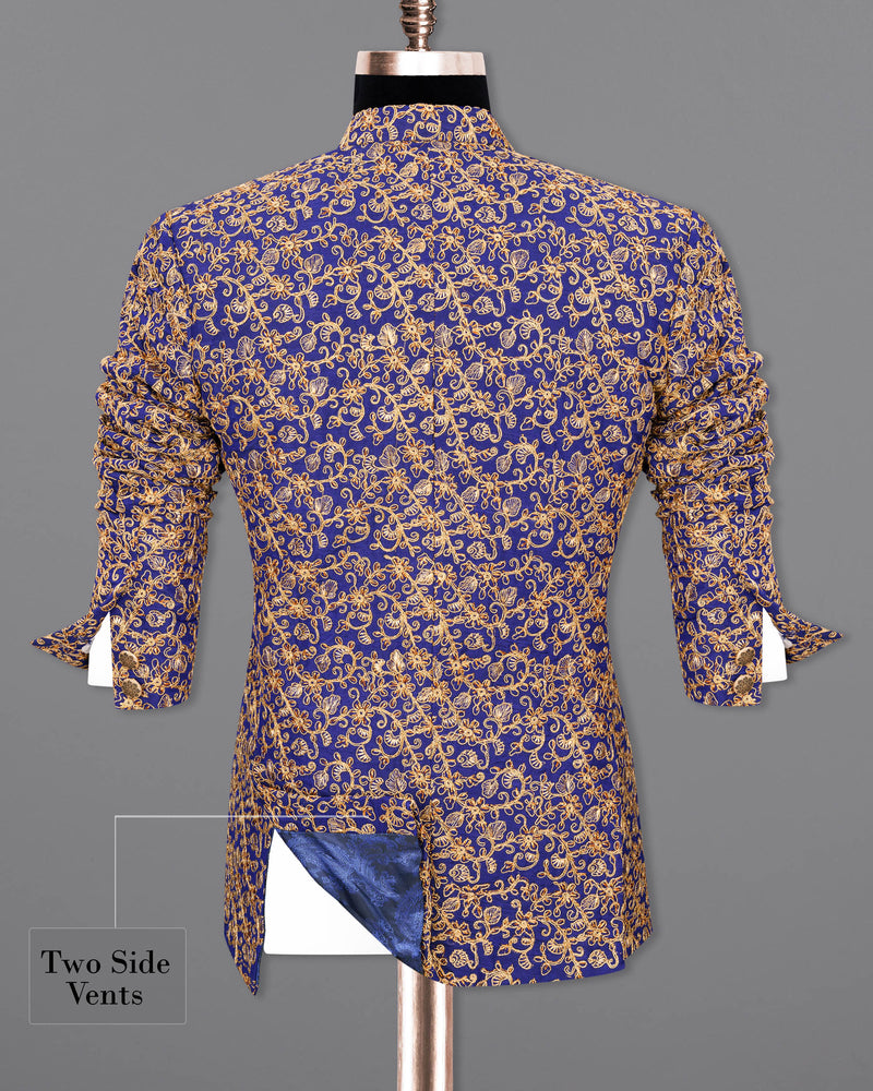 Meteorite Blue and Fawn Cross-Button Bandhgala Designer Suit