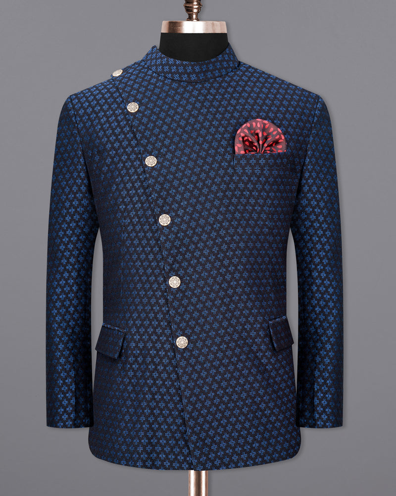 Jade Black and Mariner Blue Plus sign Textured Cross-Button Bandhgala Designer Suit