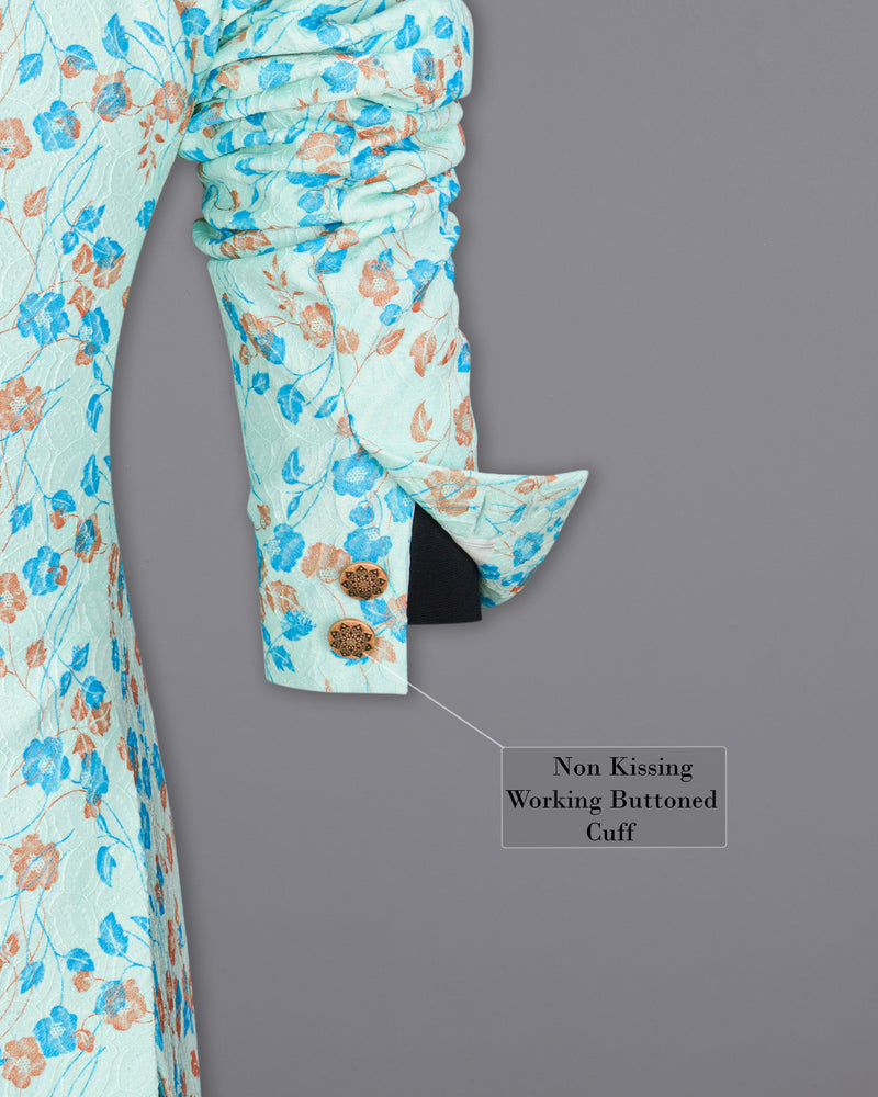 Mint Tulip and Tiffany Blue Floral Printed Cross-Button Bandhgala Designer Suit