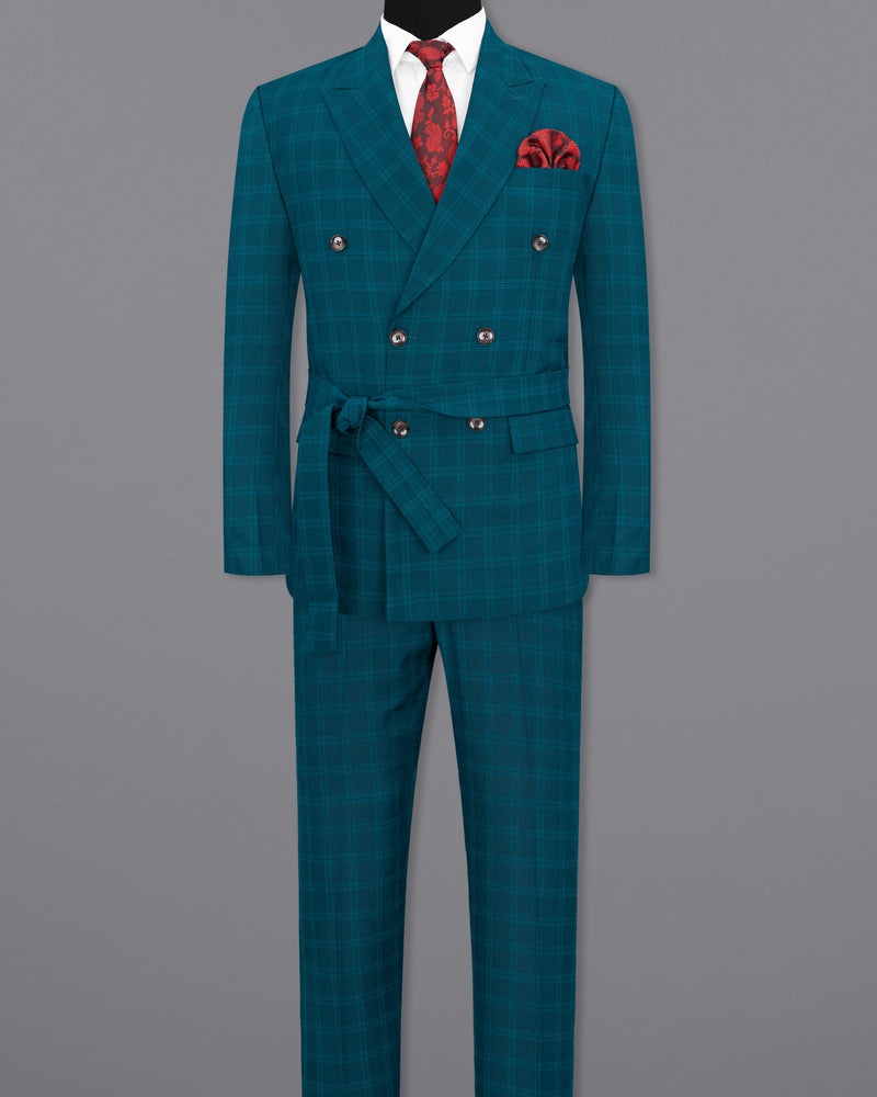 Dark Teal Plaid Double Breasted Strapped Suit ST1845-DB-D8-36, ST1845-DB-D8-38, ST1845-DB-D8-40, ST1845-DB-D8-42, ST1845-DB-D8-44, ST1845-DB-D8-46, ST1845-DB-D8-48, ST1845-DB-D8-50, ST1845-DB-D8-52, ST1845-DB-D8-54, ST1845-DB-D8-56, ST1845-DB-D8-58, ST1845-DB-D8-60