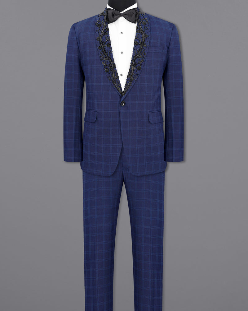 Tuna Blue Plaid Aari work Designer Suit
