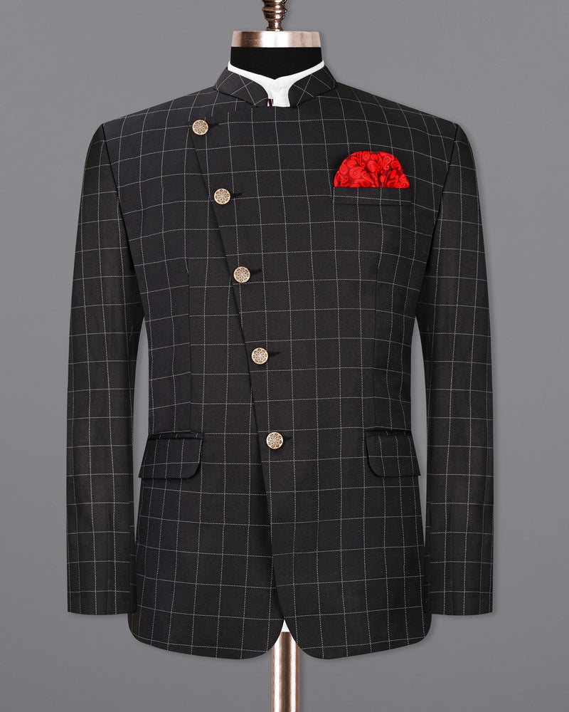 Jade Black windowpane Cross Buttoned Bandhgala Suit