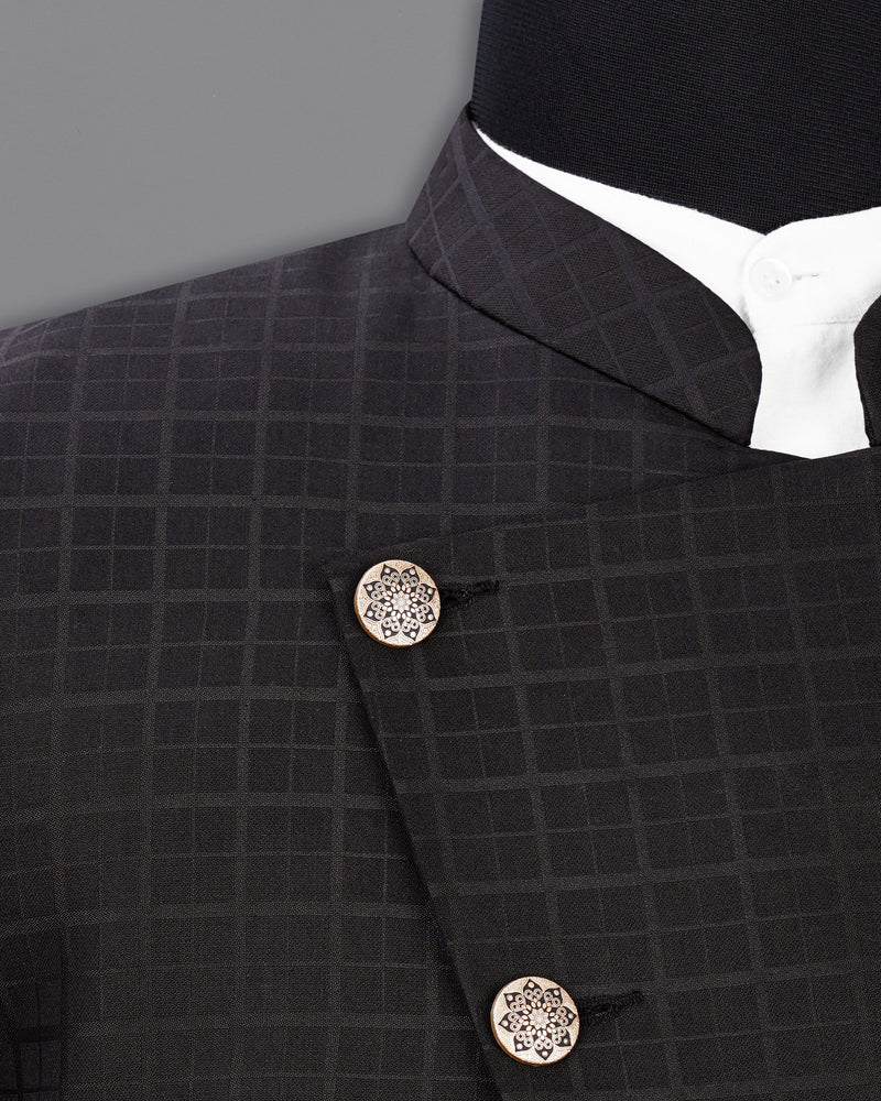 Baltic Sea Black Subtle Plaid Cross Buttoned Bandhgala Suit