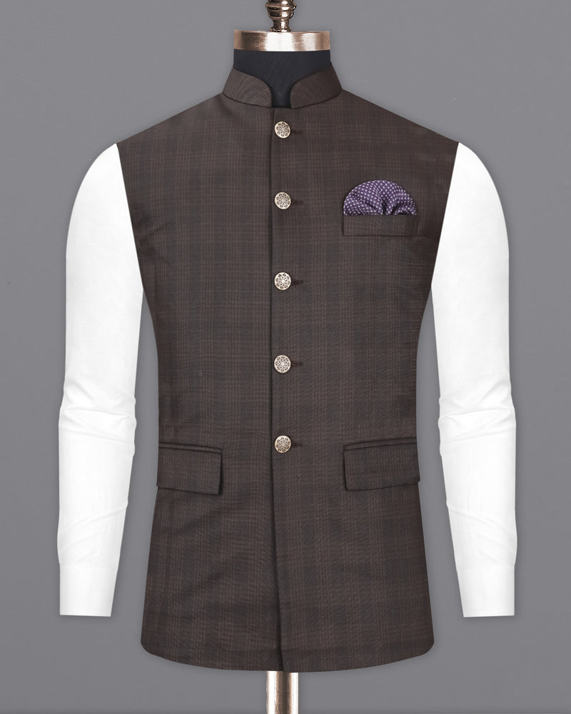 Birch Brown Plaid Cross Buttoned Bandhgala Suit