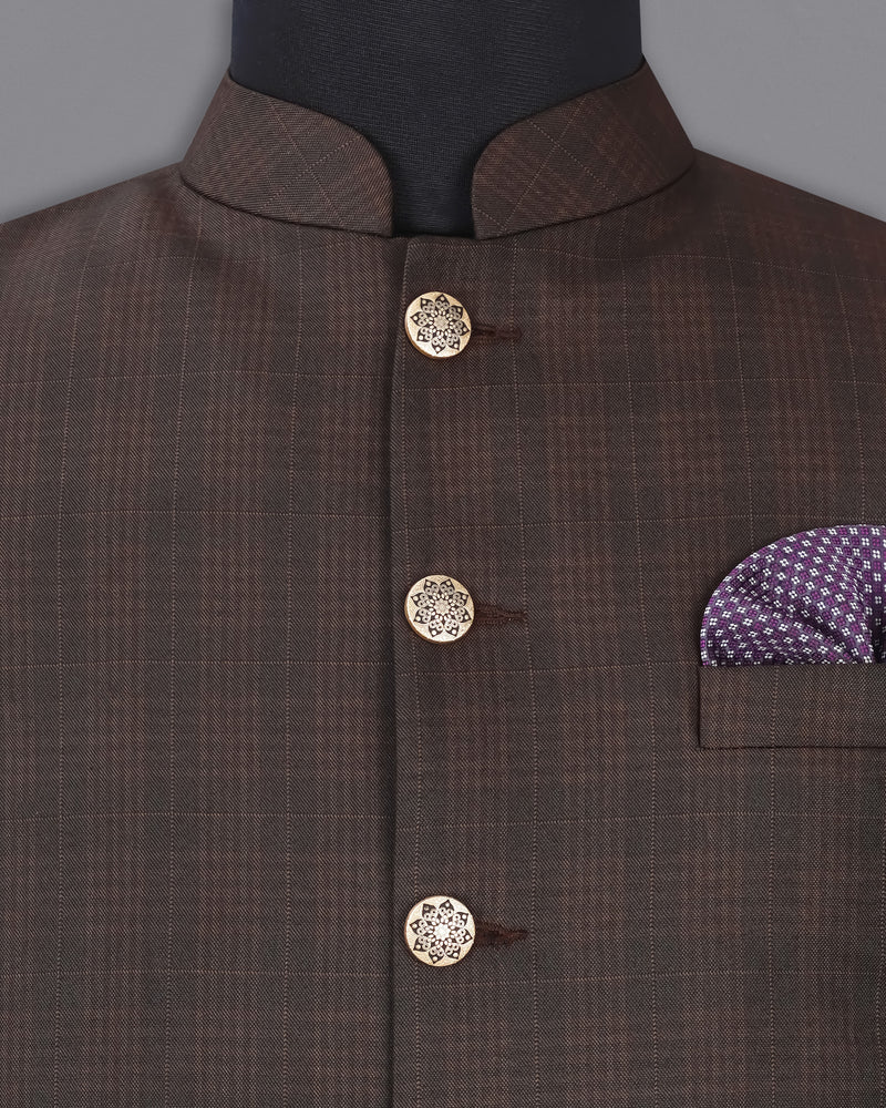 Birch Brown Plaid Cross Buttoned Bandhgala Suit