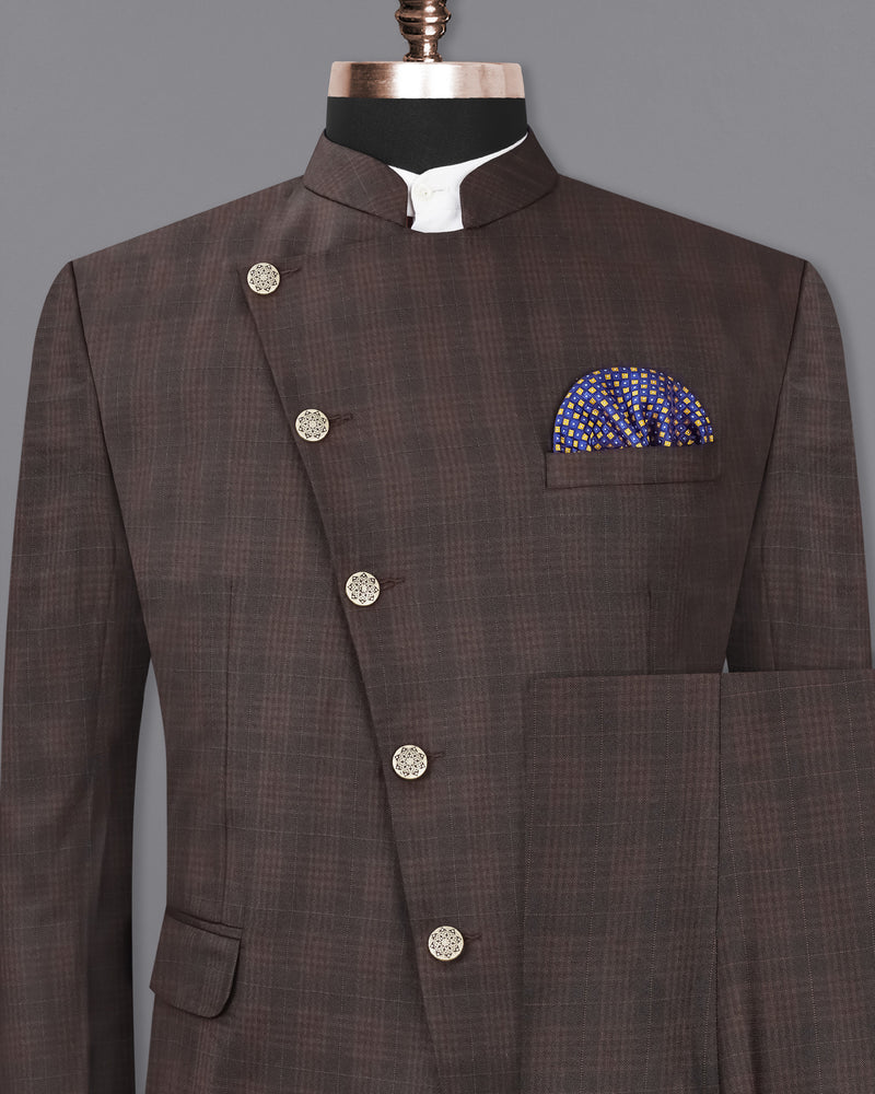 Birch Brown Plaid Cross Buttoned Bandhgala Suit