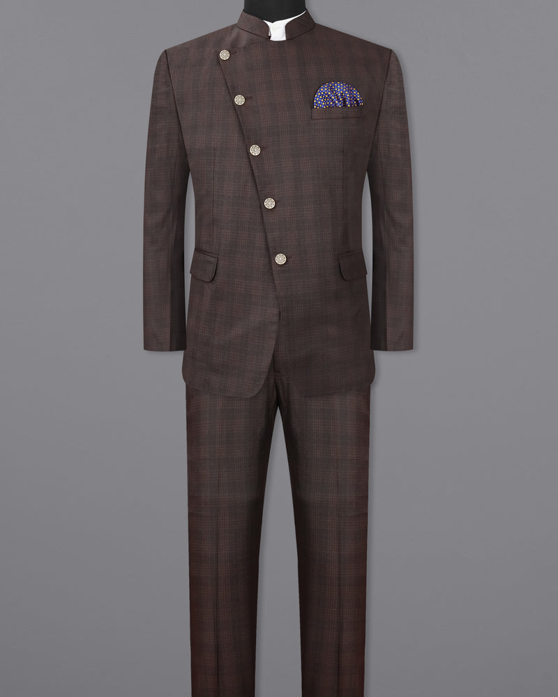 Birch Brown Plaid Cross Buttoned Bandhgala Suit