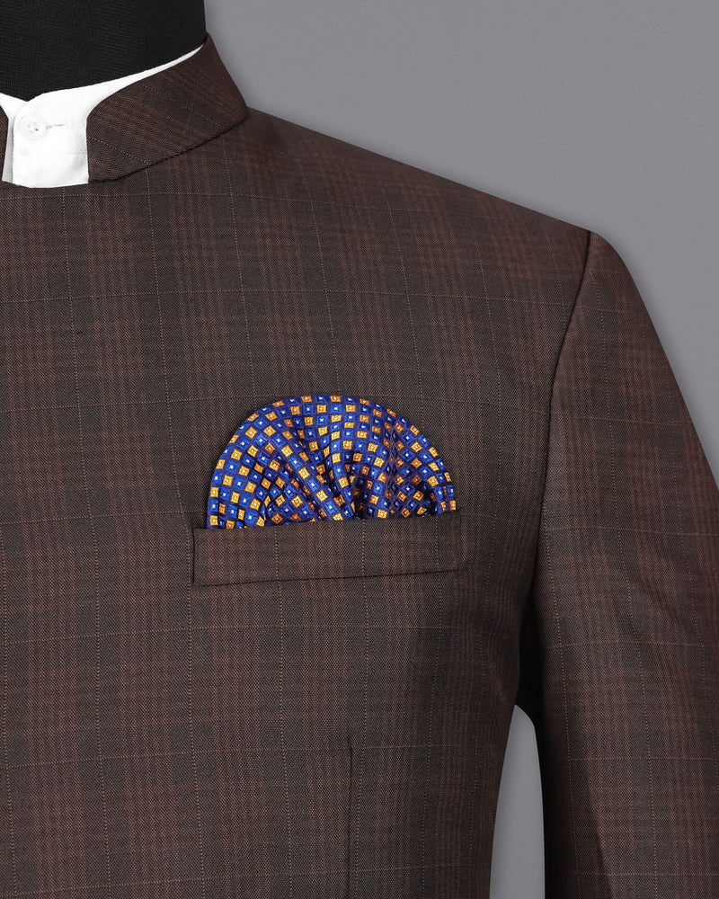 Birch Brown Plaid Cross Buttoned Bandhgala Suit