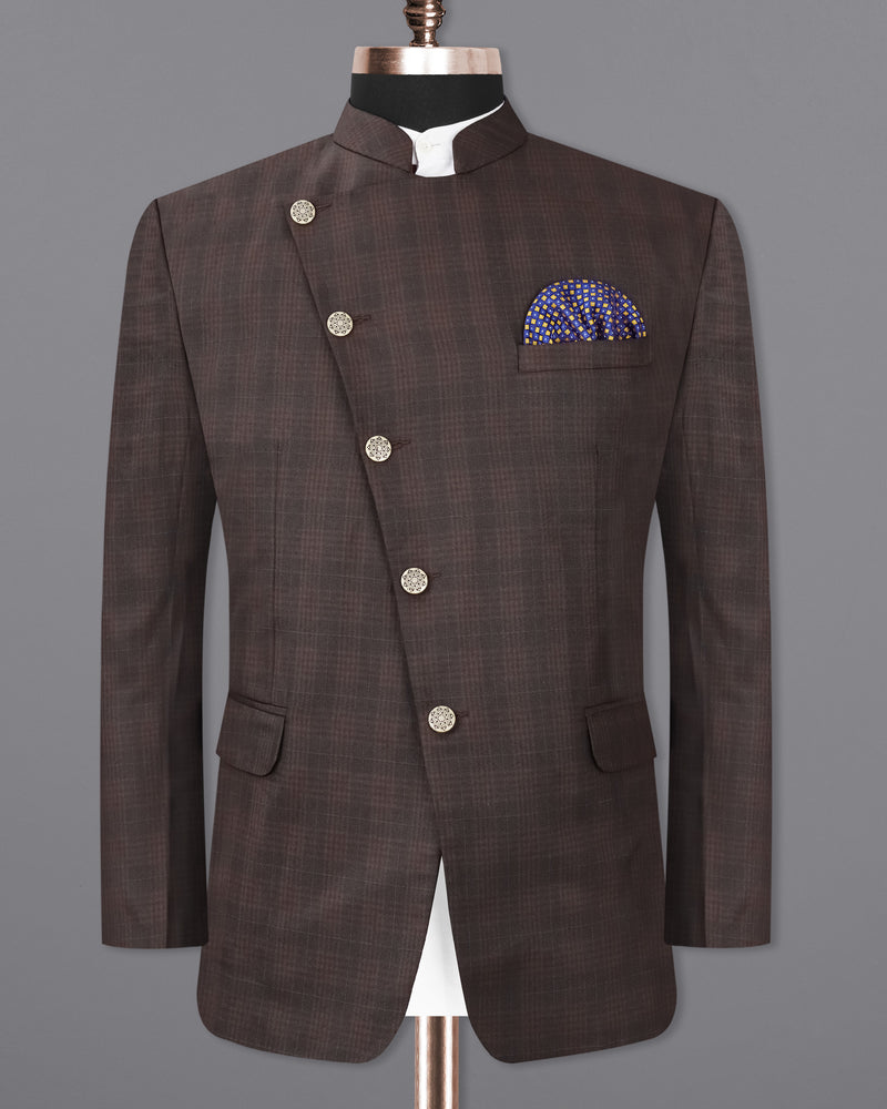 Birch Brown Plaid Cross Buttoned Bandhgala Suit