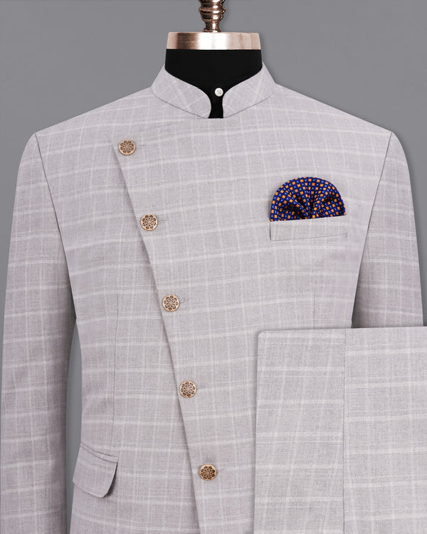 Bronco Light Gray Plaid Cross Buttoned Bandhgala Suit