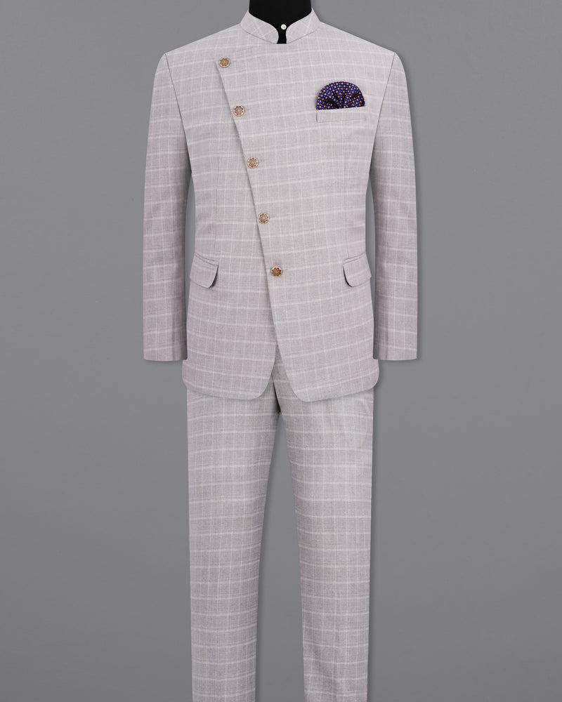 Bronco Light Gray Plaid Cross Buttoned Bandhgala Suit