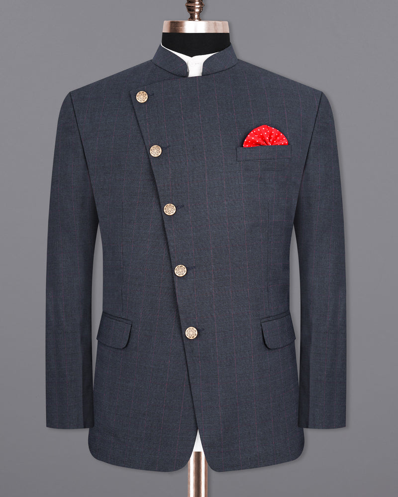 Ebony Subtle Plaid Cross Buttoned Bandhgala Suit