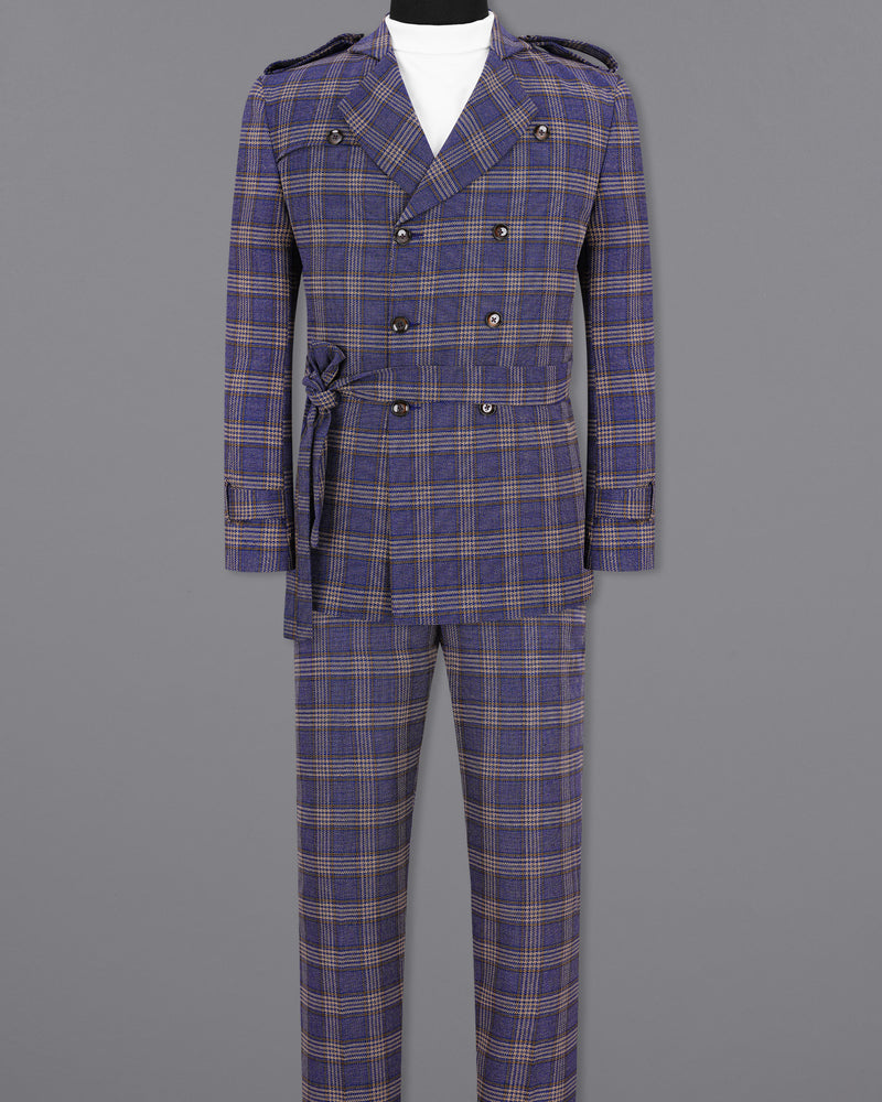 Meteorite Navy Blue with Tide Brown Plaid Double Breasted Designer Suit