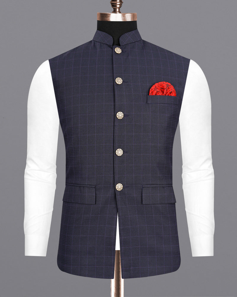 Gravel Gray Windowpane Cross-Buttoned Bandhgala Suit