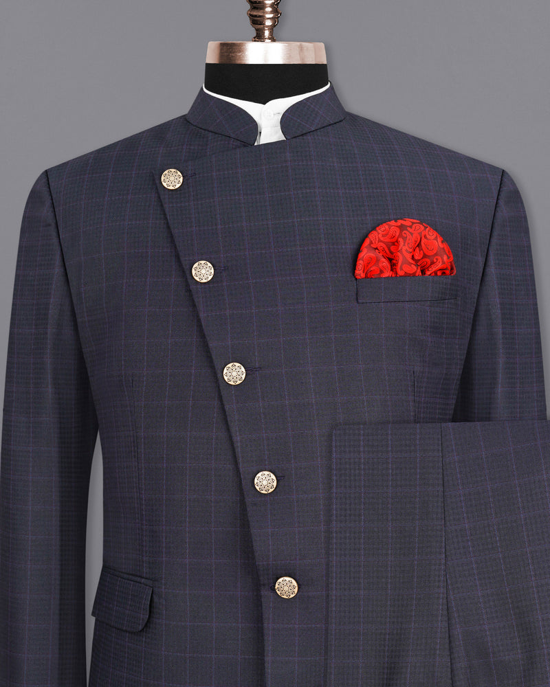 Gravel Gray Windowpane Cross-Buttoned Bandhgala Suit