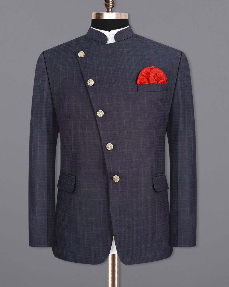 Gravel Gray Windowpane Cross-Buttoned Bandhgala Suit