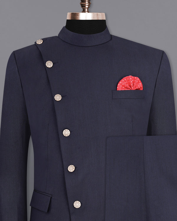 Gunmetal Blue Cross-Buttoned Bandhgala Suit