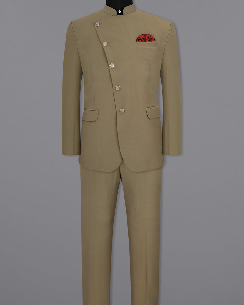 Shadow Brown Cross-Buttoned Bandhgala Suit