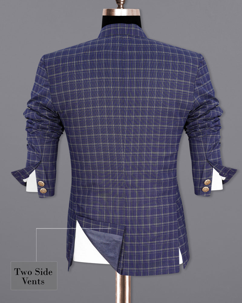 Mulled Wine Blue With Casper Gray Checkered Cross-Buttoned Bandhgala Suit