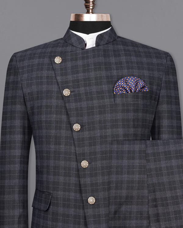 Iridium Dark Gray With Mobster Gray Plaid Cross Buttoned Bandhgala Suit