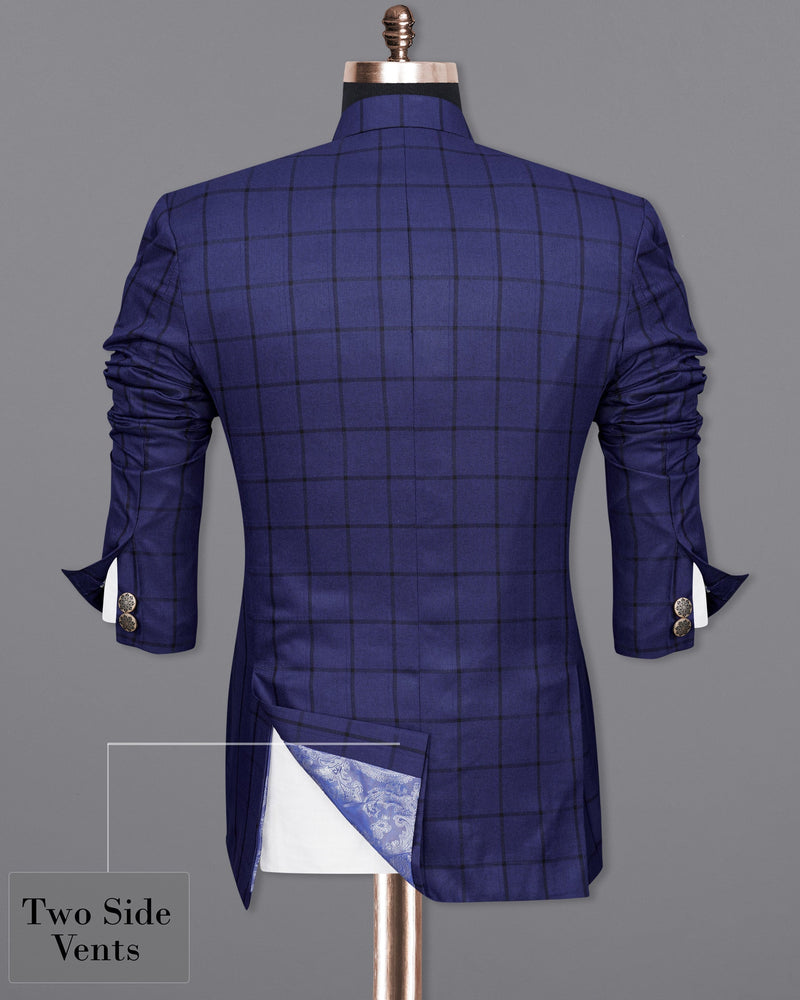 Zodiac Dark Blue Windowpane Cross Buttoned Bandhgala Suit