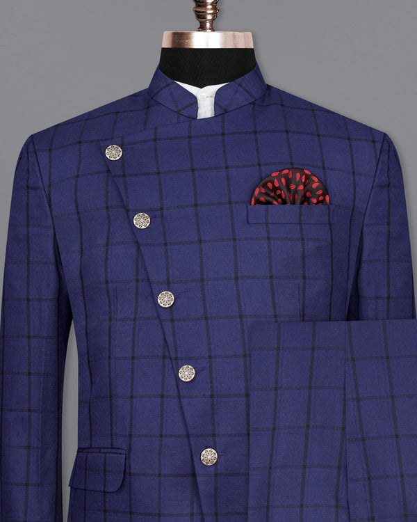 Zodiac Dark Blue Windowpane Cross Buttoned Bandhgala Suit