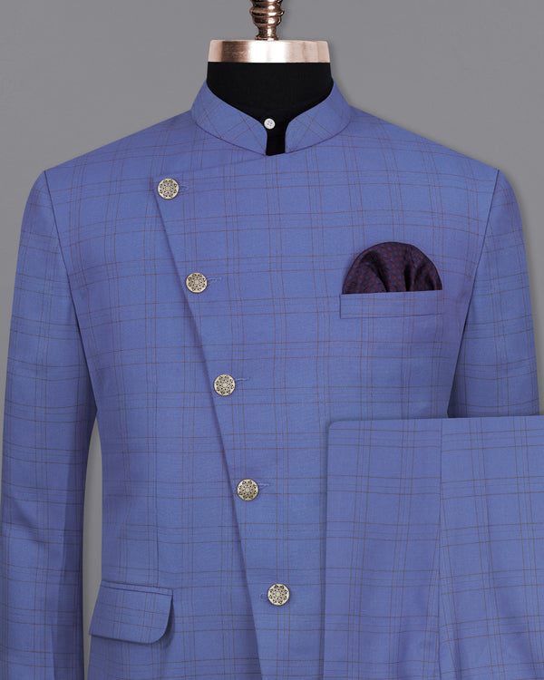 Scampi Blue With Pickled Brown Plaid Cross buttoned Bandhgala Suit