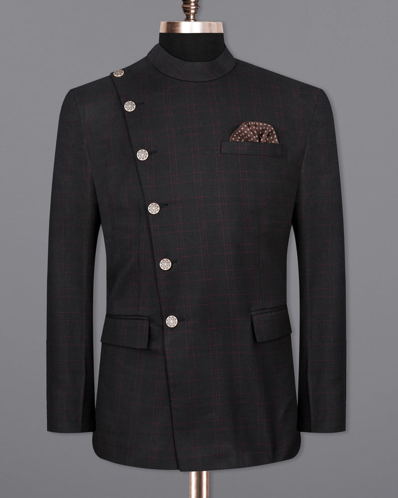 Onyx Black windowpane Cross buttoned Bandhgala Suit