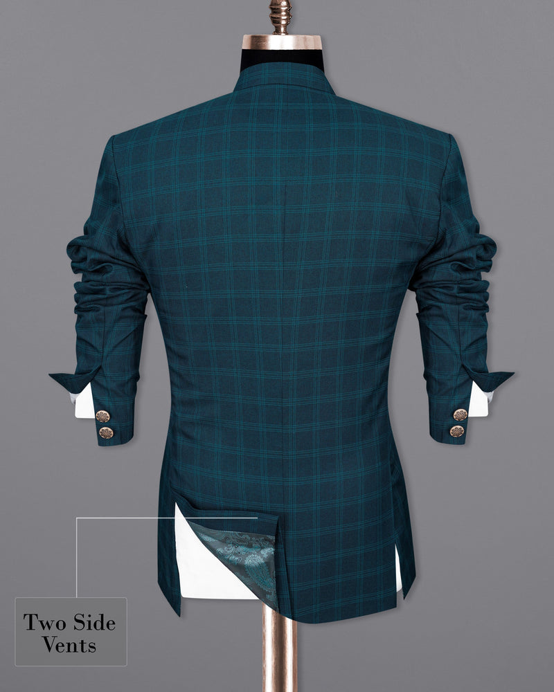 Cloud Burst Sea Green Windowpane Cross Buttoned Bandhgala Suit