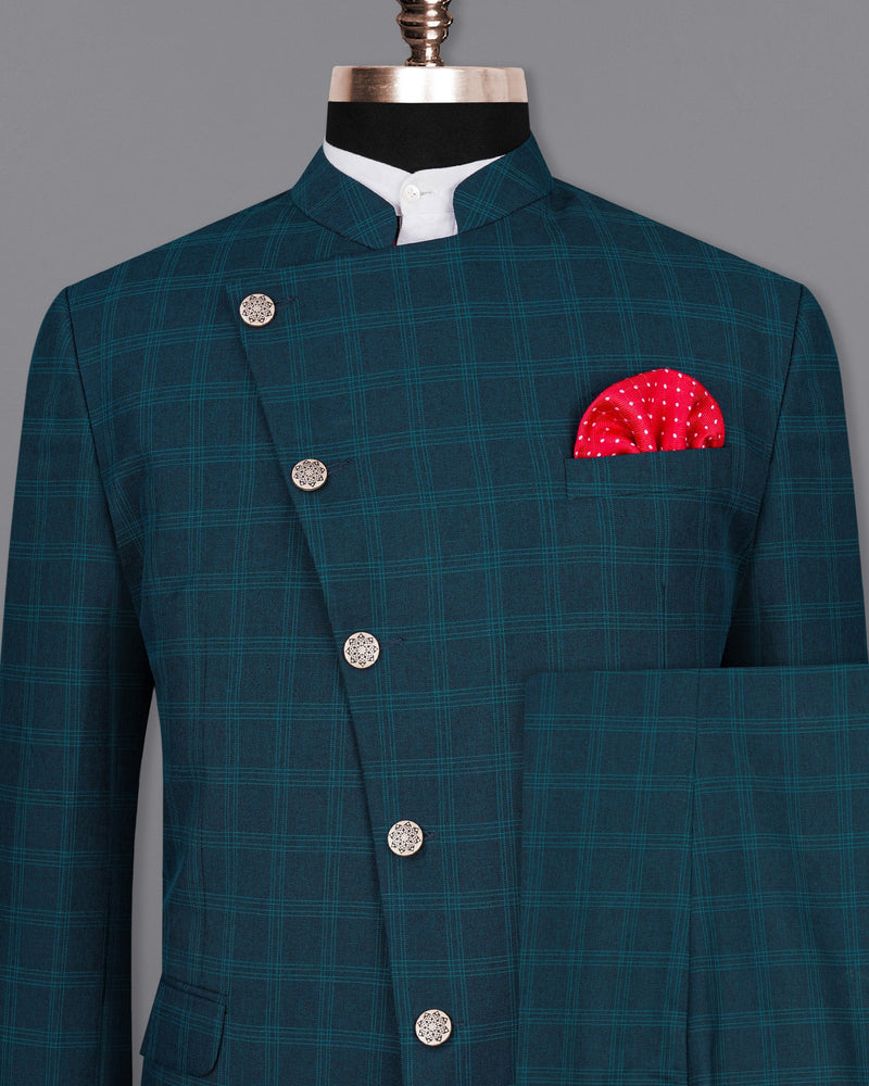 Cloud Burst Sea Green Windowpane Cross Buttoned Bandhgala Suit