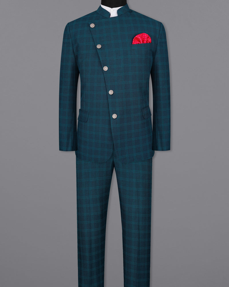 Cloud Burst Sea Green Windowpane Cross Buttoned Bandhgala Suit