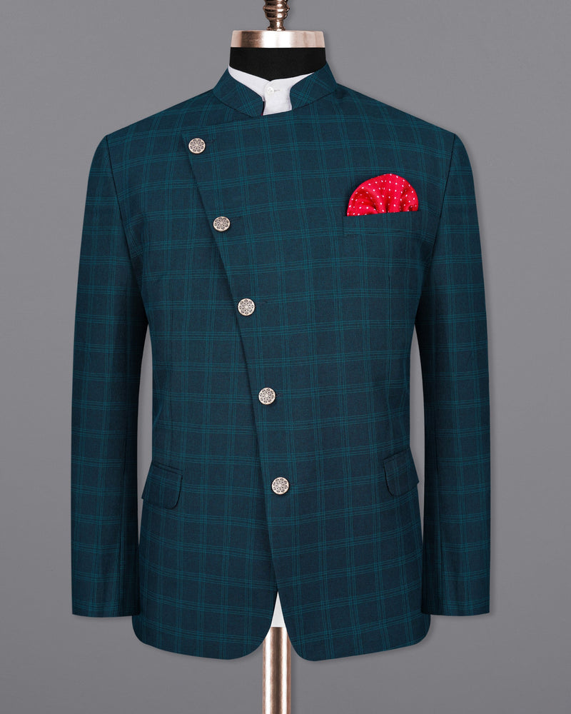 Cloud Burst Sea Green Windowpane Cross Buttoned Bandhgala Suit