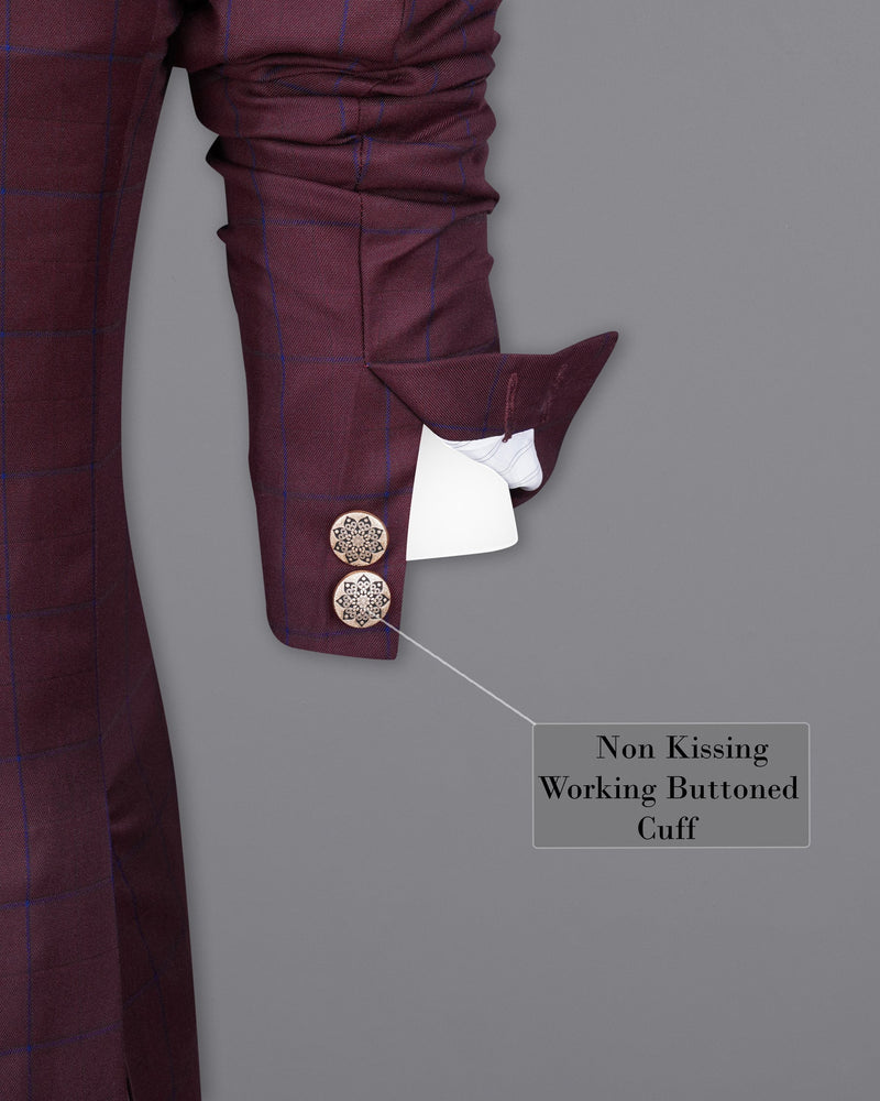 Wine Berry With Haiti Blue Windowpane Cross Buttoned Bandhgala Suit