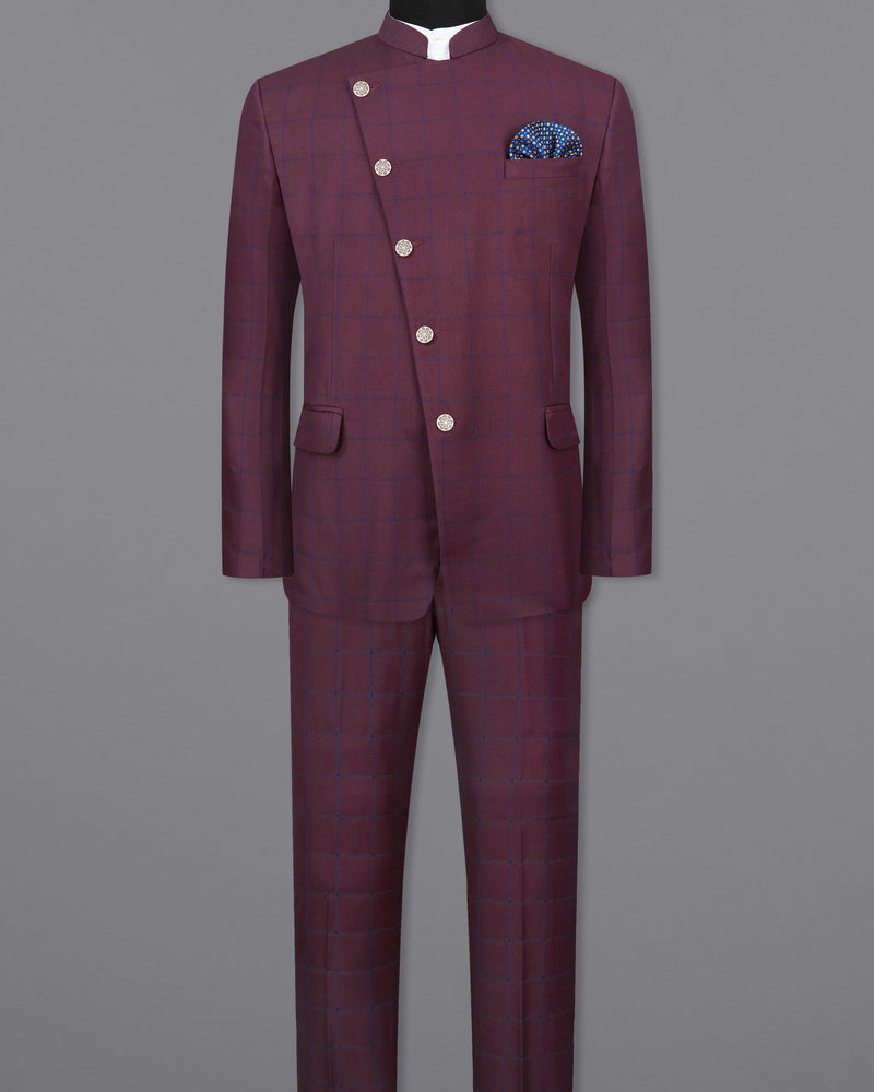 Wine Berry With Haiti Blue Windowpane Cross Buttoned Bandhgala Suit