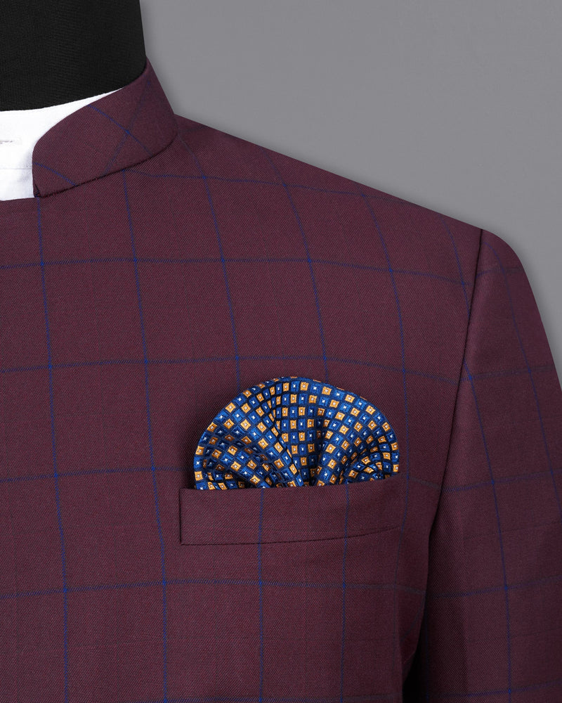 Wine Berry With Haiti Blue Windowpane Cross Buttoned Bandhgala Suit