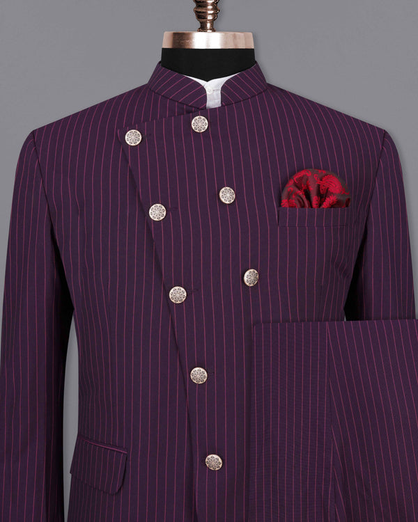 Tolopea Purple with Byzantium Pink Striped Cross Buttoned Bandhgala Designer Suit