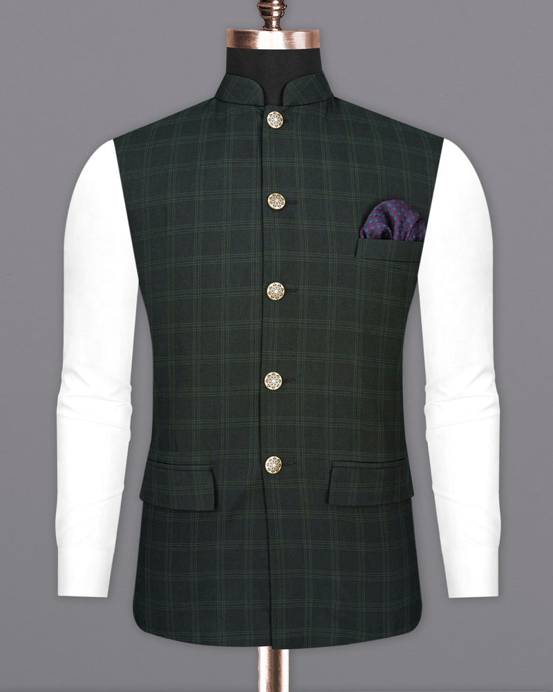 Zeus Green Plaid Cross Buttoned Bandhgala Suit