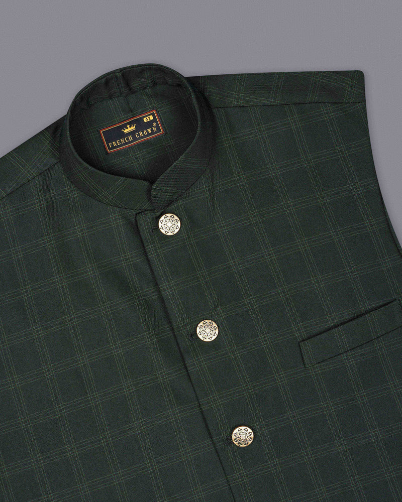 Zeus Green Plaid Cross Buttoned Bandhgala Suit