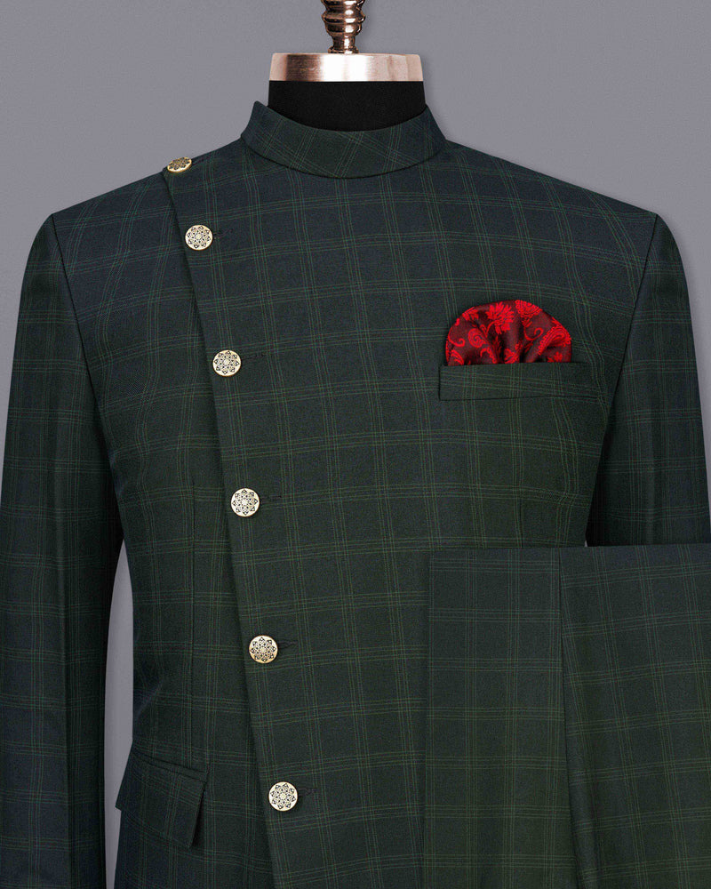 Zeus Green Plaid Cross Buttoned Bandhgala Suit