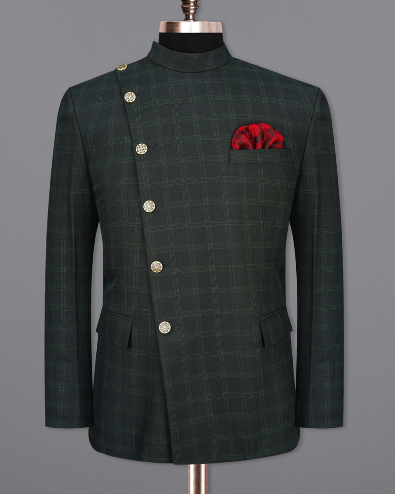 Zeus Green Plaid Cross Buttoned Bandhgala Suit