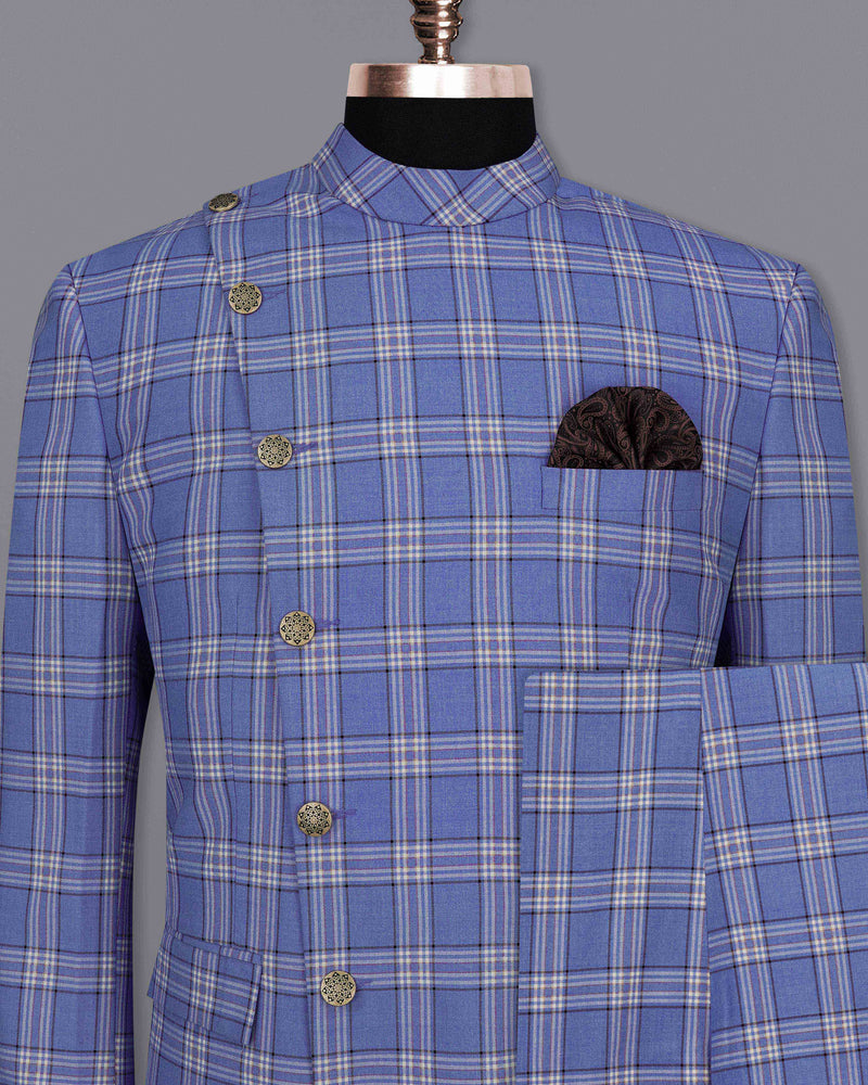 Scampi Blue with Heather Gray Plaid Cross Buttoned Bandhgala Suit