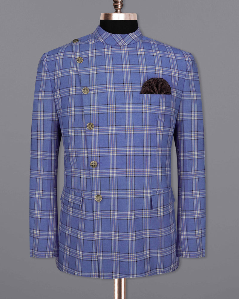 Scampi Blue with Heather Gray Plaid Cross Buttoned Bandhgala Suit