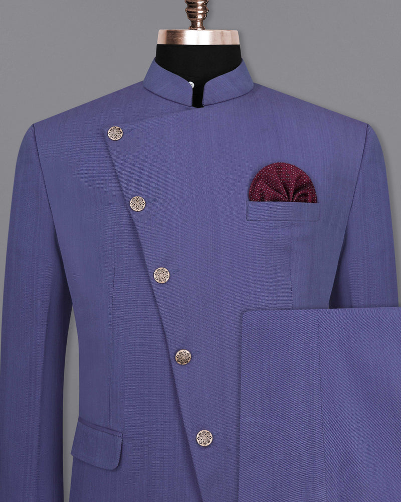 Twilight Blue Premium Cotton Cross Buttoned Bandhgala Suit