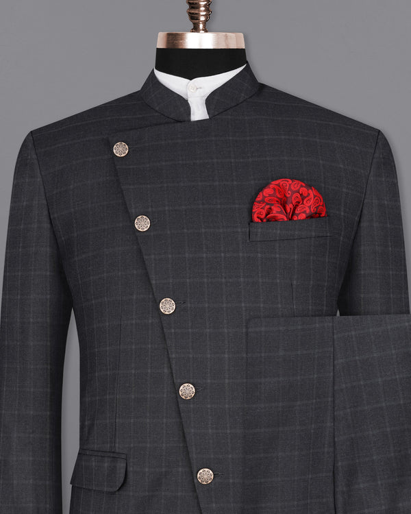 Bastille Light Black Windowpane Cross Buttoned Bandhgala Suit