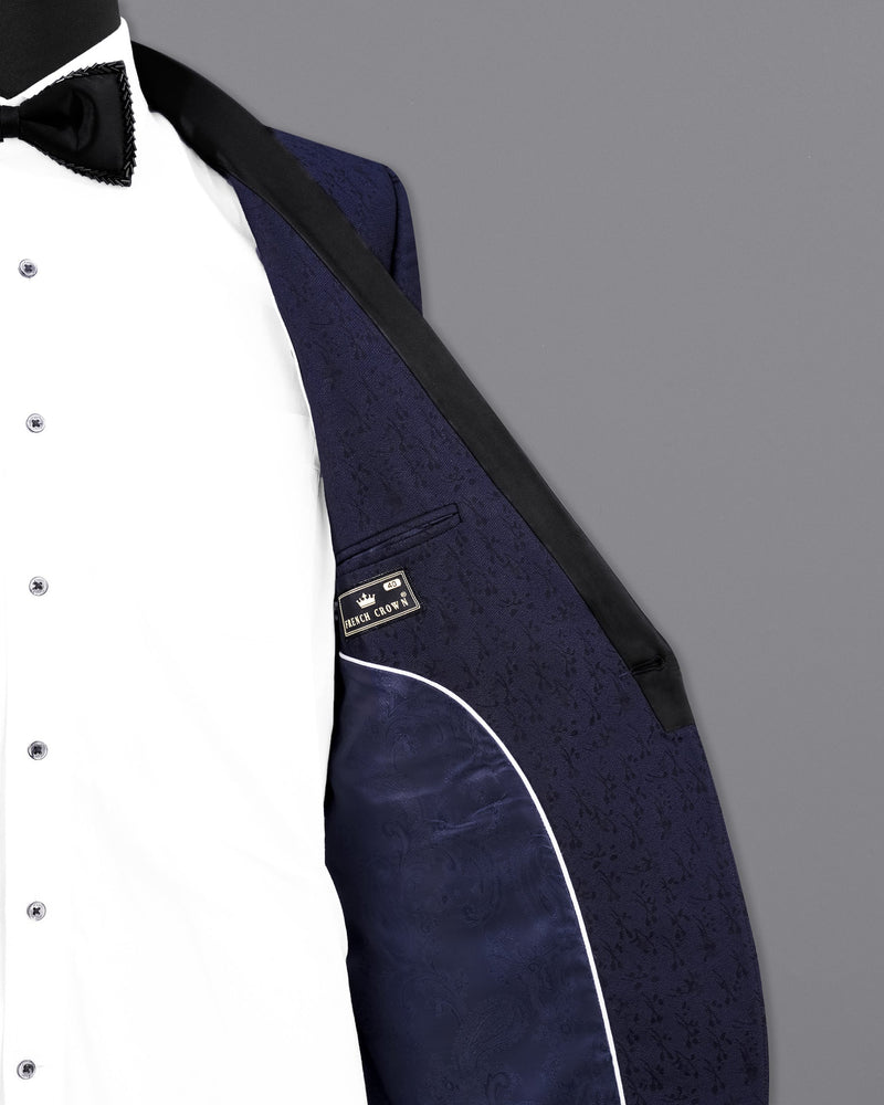Bleached Cedar Navy Blue Ditzy Textured With Black Lapel Tuxedo Suit