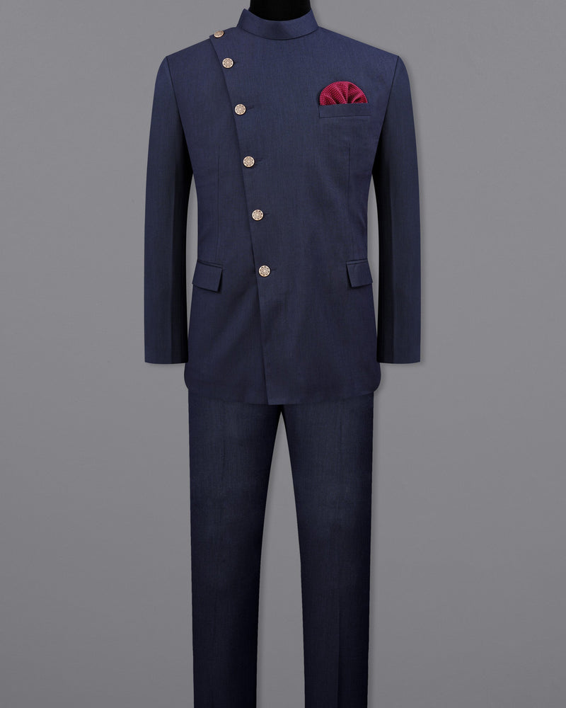Gunmetal Navy Blue Cross Buttoned Bandhgala Suit