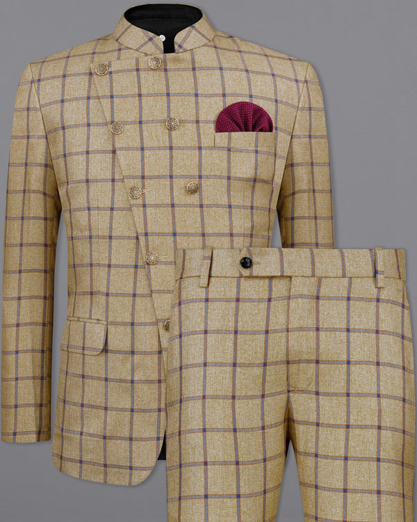 Mongoose Brown with Dianne Blue Windowpane Cross Buttoned Bandhgala Suit